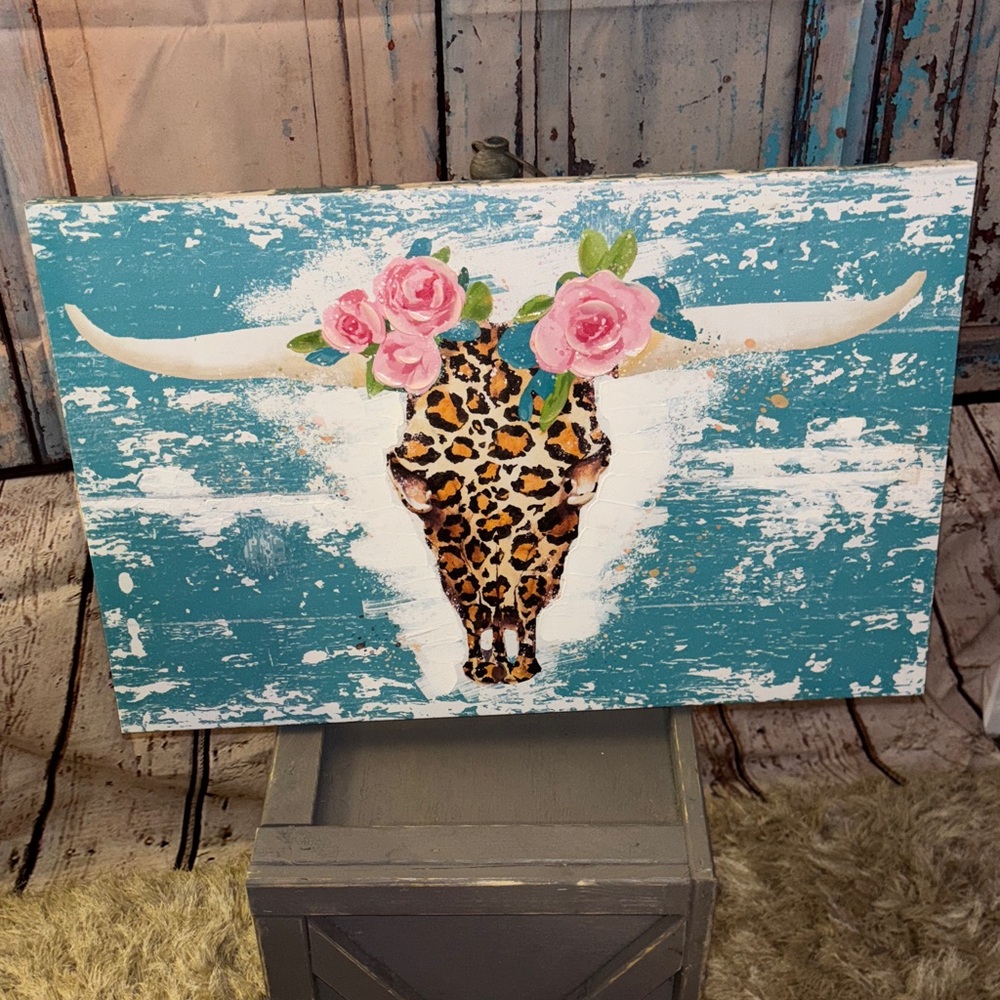 Hey Y'all Collection Wall Art Western Boho Leopard Skull w/roses 15” X 24”